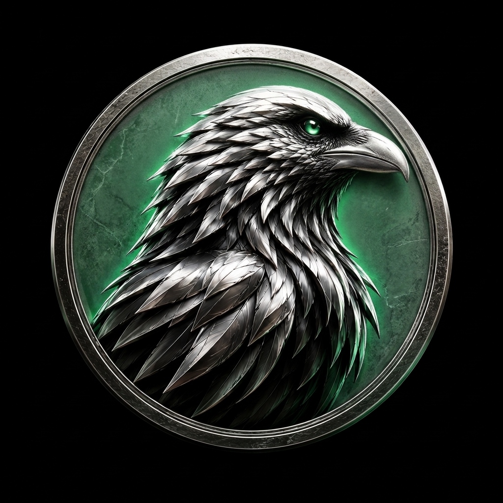 $CORVUS raven emblem forged in brushed silver